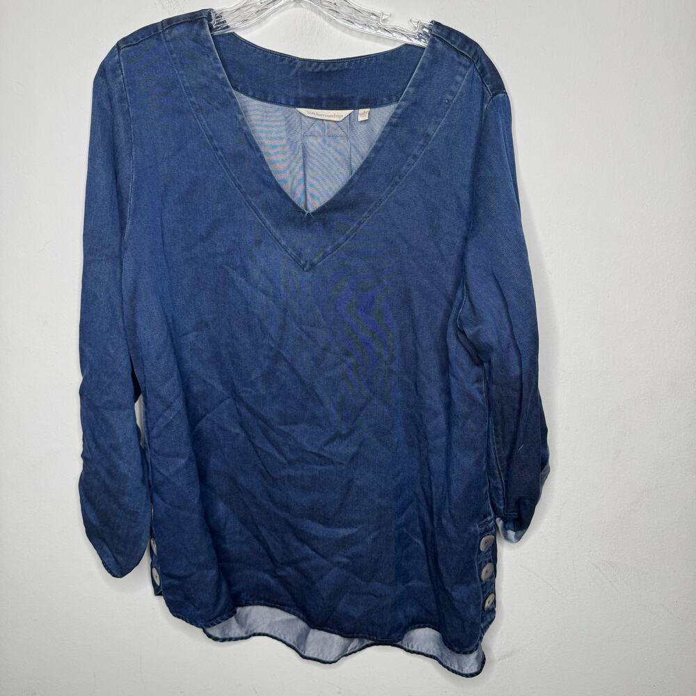 Soft Surroundings Blue Tencel Button Trim V-Neck Tunic Top L Boho Casual Chic
